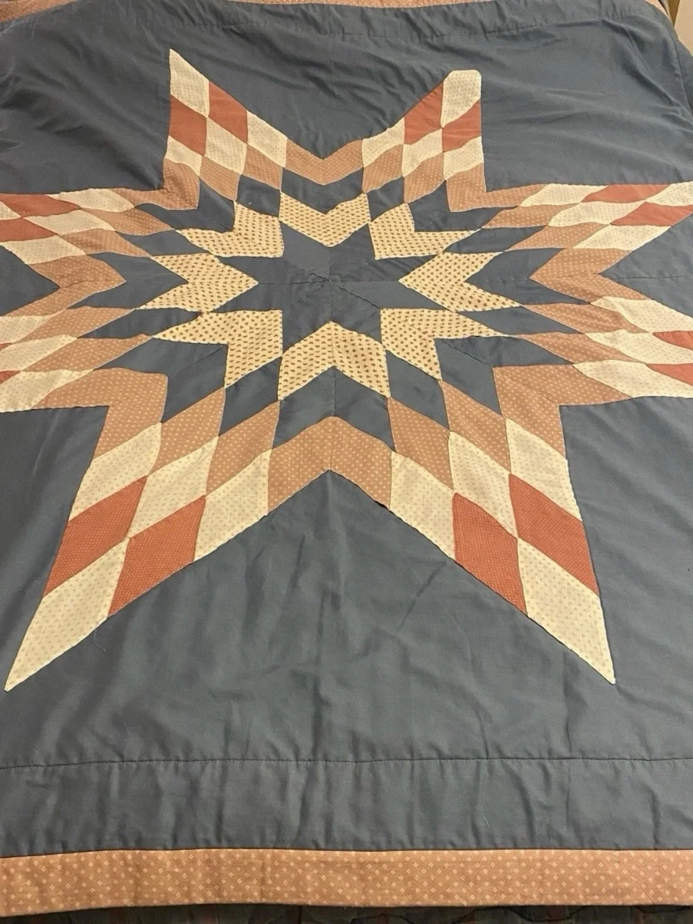 Vintage Handmade Lone Star Quilt 62x67 Star Of Bethlehem Blue Pink Cotton